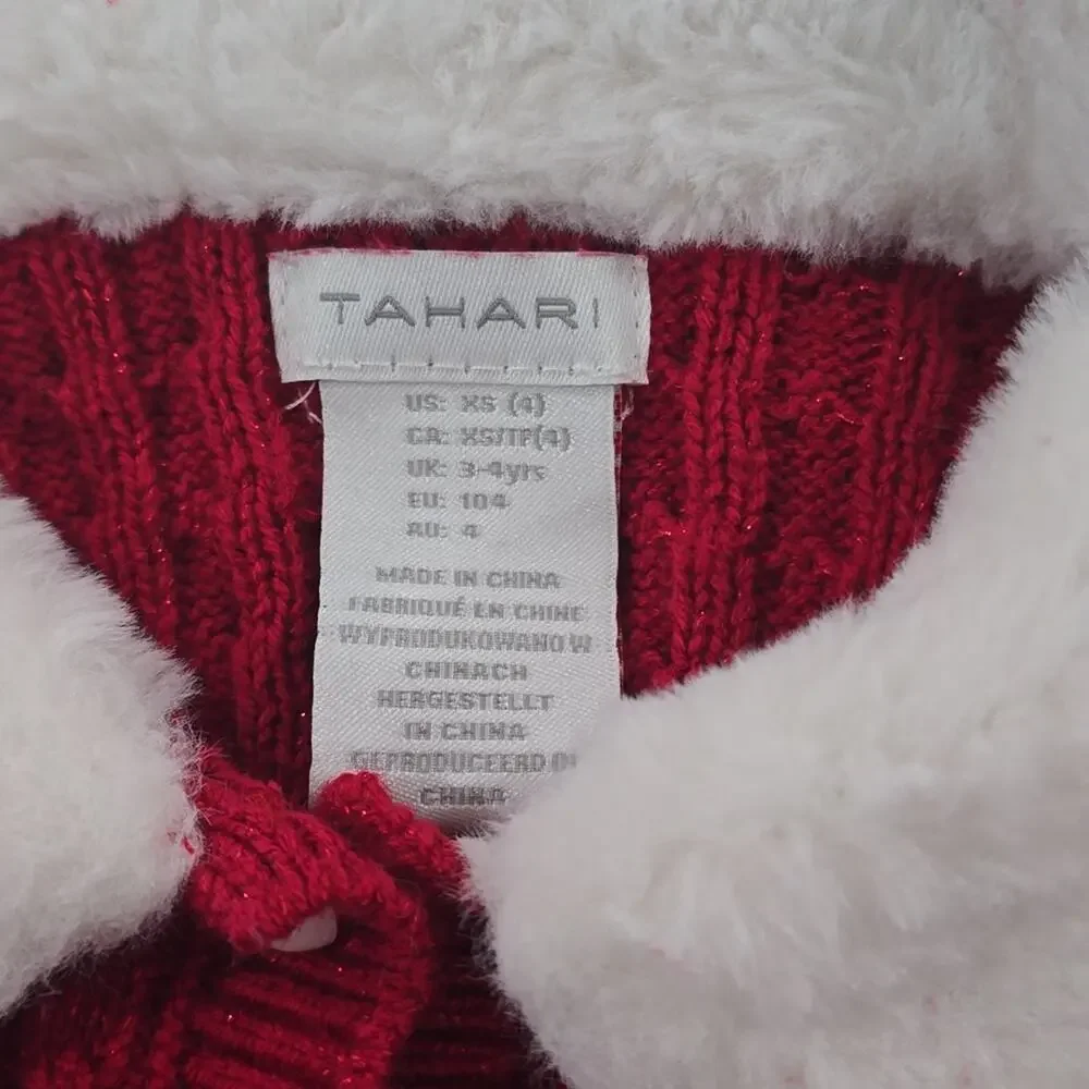 Tahari Red Cable Sweater With Faux Fur Collar